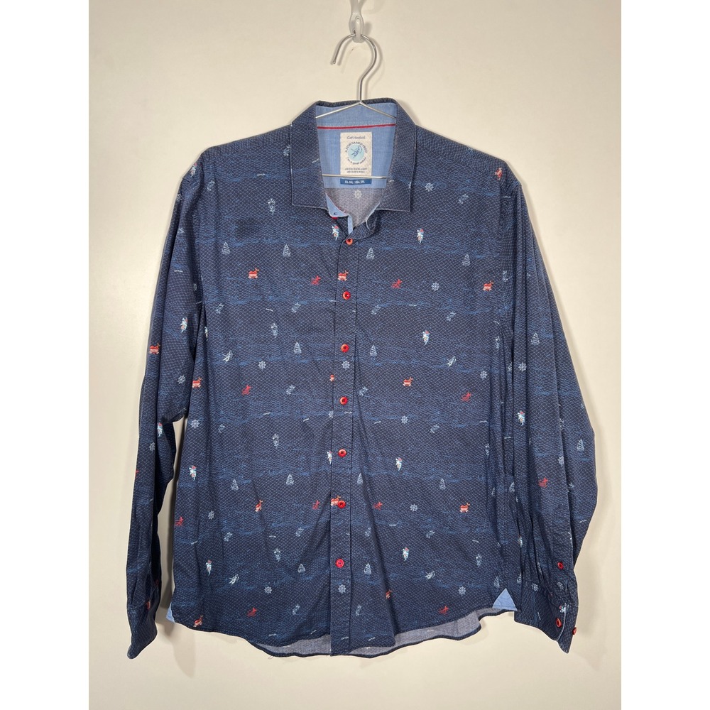 A Fish Named Fred Nautical Fish Scale Button Down Shirt Blue Mens 2XL